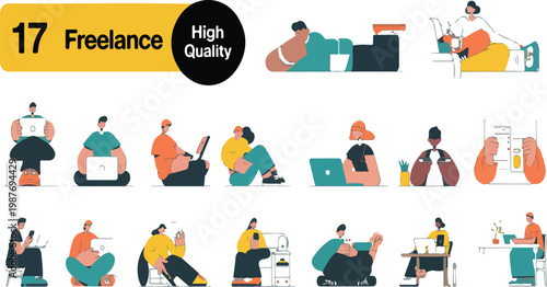 Diverse freelancers using laptops in flat line cartoon illustration bundle with multicultural remote workers isolated on white background