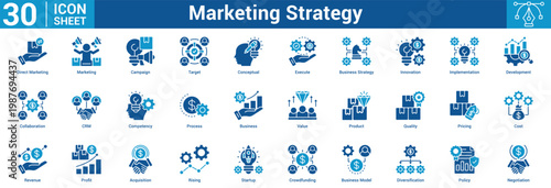 Marketing Strategy Editable icon set vector illustration concept for business with icon of Direct Marketing, Marketing, Campaign, Target, Conceptual, Execute, Business Strategy, Innovation.