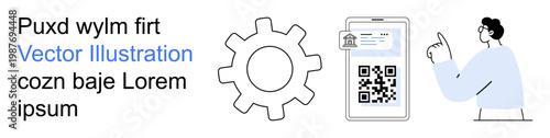Digital verification, cyber security, mobile technology, app design, authentication systems, and user interaction. a QR code, gear icon and man pointing at a screen. Digital verification and cyber