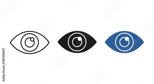 Three stylized eye icon vector designs showcasing minimalist outline solid black and blue variants for modern user interface elements in professional graphic digital media layout projects