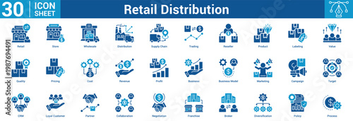Retail Distribution Editable icon set vector illustration concept for business with icon of Retail, Store, Wholesale, Distribution, Supply Chain, Trading, Reseller, Product, Labeling, Value, Quality.