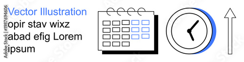 Time management, productivity, organization, planning, scheduling, efficiency. A calendar, clock and arrow on a white background. Time management and scheduling visually