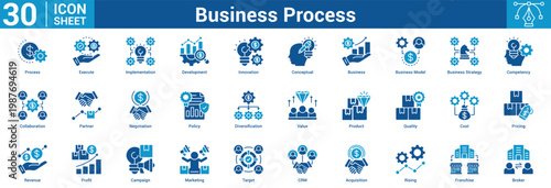 Business Process Editable icon set vector illustration concept for business with icon of Process, Execute, Implementation, Development, Innovation, Conceptual, Business, Business Model, Busines.