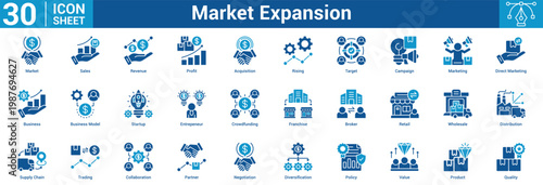 Market Expansion Editable icon set vector illustration concept for business with icon of Market, Sales, Revenue, Profit, Acquisition, Rising, Target, Campaign, Marketing, Direct Marketing, Business.