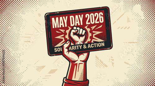 May Day 2026 Solidarity and Action Symbolised by a Raised Fist on a Tablet Representing Labor Rights and International Workers' Day Celebratory Design