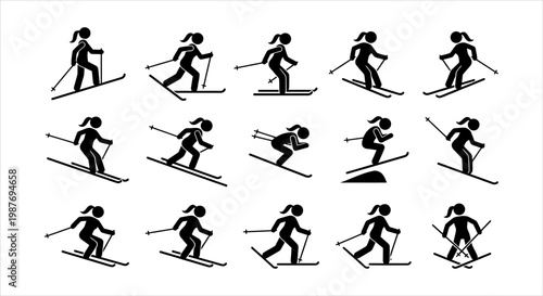 Collection of Stick Figure Skiers Performing Various Skiing Maneuvers