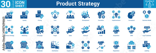Product Strategy Editable icon set vector illustration concept for business with icon of Product, Quality, Pricing, Cost, Value, Development, Innovation, Implementation, Conceptual, Business Model.