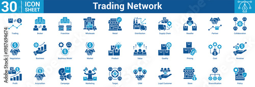 Trading Network Editable icon set vector illustration concept for business with icon of Trading, Broker, Franchise, Wholesale, Retail, Distribution, Supply Chain, Reseller, Partner, Collaboration.