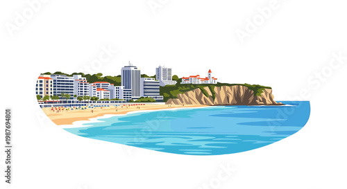 Modern Coastal City Resort Illustration with Sandy Beach and Cliffs