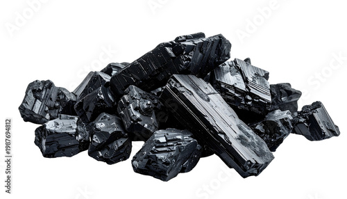 Pile of rough, angular, black mineral chunks on a white background