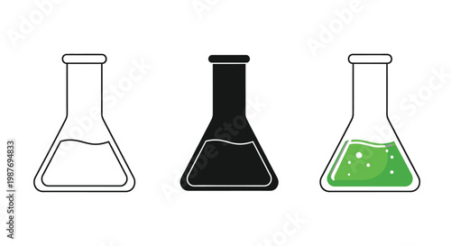 A vector illustration depicting three distinct laboratory conical flasks, showcasing outline, solid silhouette, and vibrant green bubbling liquid designs for educational and scientific projects.