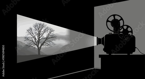 Vintage Movie Projector Silhouette Projecting Tree Landscape Art