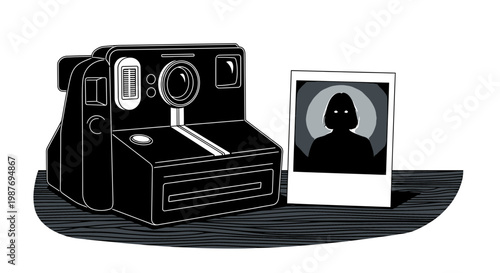 Vintage Instant Camera with Spooky Ghost Portrait Illustration