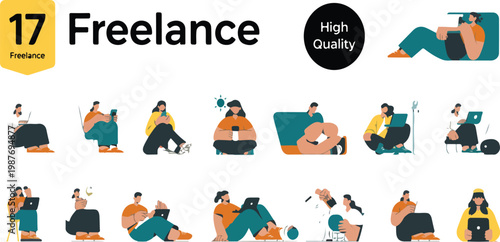 Diverse freelancers using laptops in flat line cartoon illustration bundle with multicultural remote workers isolated on white background