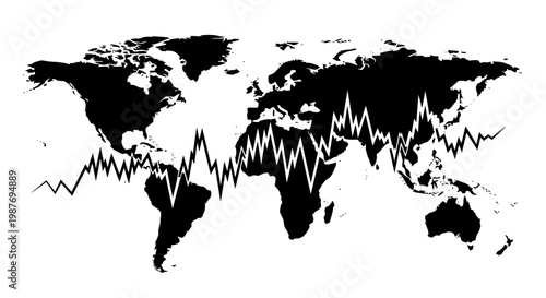 World map silhouette with heartbeat pulse line representing global life
