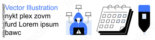 Cybersecurity, workflow management, office tools, planning, creative work, technology. Hooded figure with laptop, calendar and pen icon. Cybersecurity and workflow management symbolic imagery