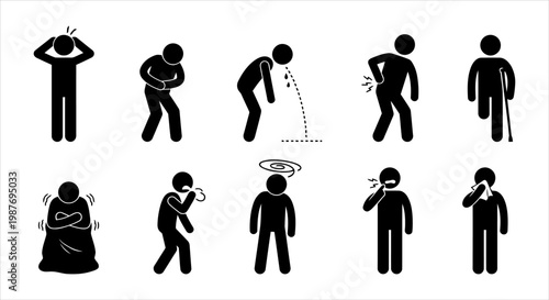 Diverse collection of symbolic icons depicting various human health ailments and sicknesses