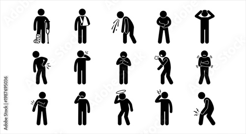 Vector icons representing various human body pains, illnesses, common health symptoms, and discomforts