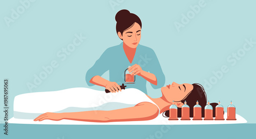 Cupping Therapy Session with Professional Therapist Vector Illustration