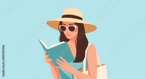 Woman in Sun Hat and Sunglasses Reading a Book Vector Illustration