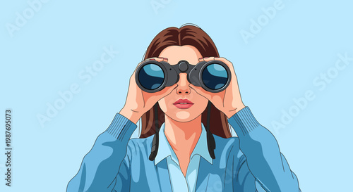 Woman Looking Through Binoculars Concept Vector Illustration