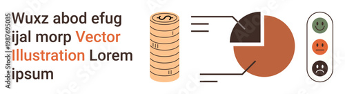 Business analytics, financial trends, customer feedback, graphical data, economic research, market performance. Coin stack, pie chart and emotion icons. Financial trends and business analytics