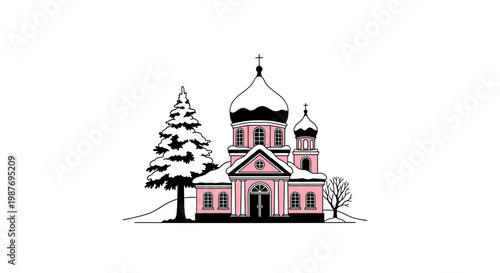 Minimalist Pink Orthodox Church Vector Illustration in Winter