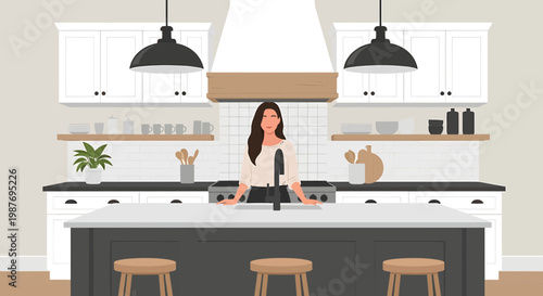 Modern Kitchen Interior with Woman Flat Vector Illustration