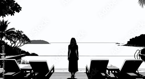 Black and white vector silhouette of woman at luxury beach resort