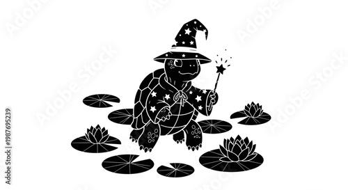 Cute Wizard Turtle Silhouette with Magic Wand and Lily Pads Vector