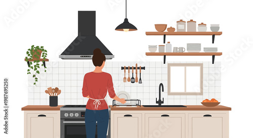Woman Cooking in Modern Minimalist Kitchen Vector Illustration