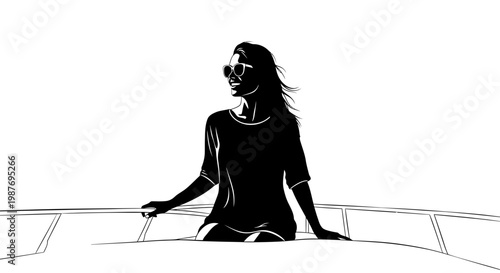 Minimalist vector illustration of a woman on a boat deck