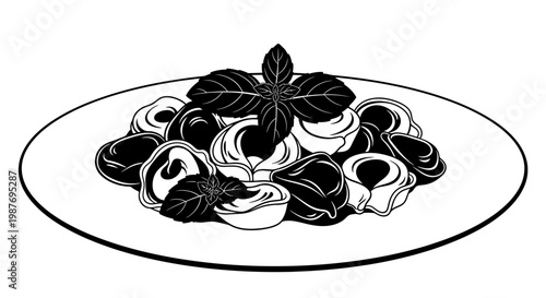 Vector illustration of tortellini pasta with basil on plate