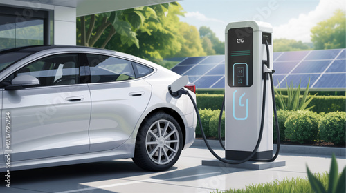 Electric car, EV charging station, solar panels, eco friendly transportation, sustainable energy
