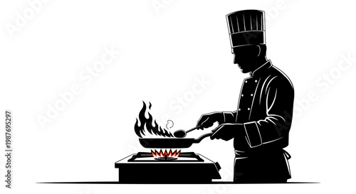 Professional chef silhouette cooking on stove with flames