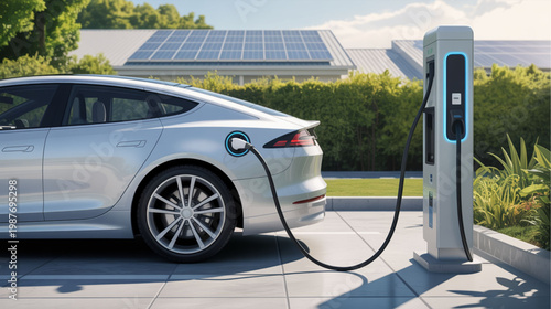 Electric car, charging station, solar panels, eco friendly, sustainable energy, green technology