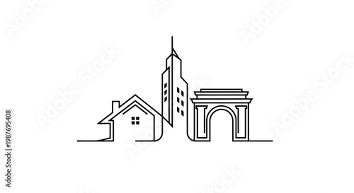 Minimalist line art illustration of urban buildings including a house and skyscraper