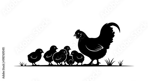 Hen with Baby Chicks Silhouette Vector Illustration