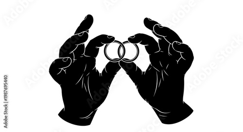 Black and white vector illustration of hands holding wedding rings