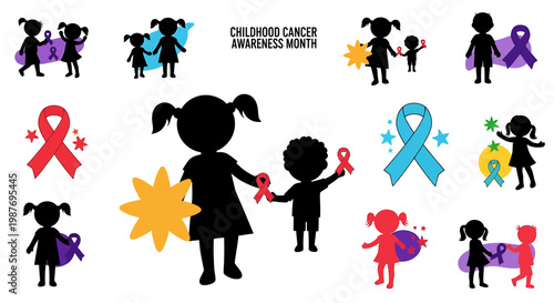 Childhood Cancer Awareness Month Children Silhouettes and Ribbons