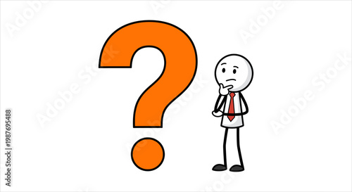 Confused stick figure contemplating a large orange question mark