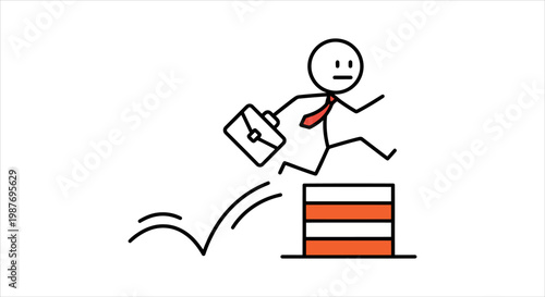 Stick Figure Businessman Leaping Over Hurdle with Briefcase