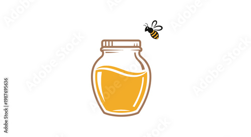 Bee flying towards a jar of golden honey.