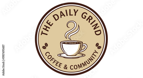 Logo featuring a steaming coffee cup, coffee beans, and text.