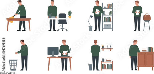Collection of flat vector illustrations showing young man performing office cleaning and organization tasks like tidying desks and sorting files