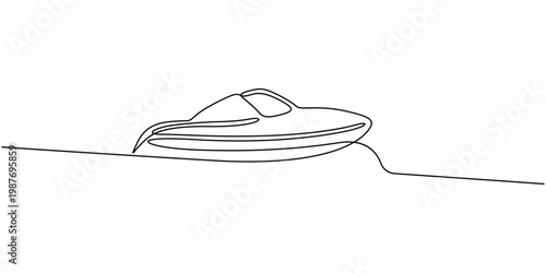 Continuous one line drawing of speedboat on water minimalist luxury yacht and nautical concept vector illustration Single line art of a motorboat, minimalist icon for summer vacation, sea travel 