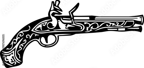 Black and White Ornate Flintlock Pistol Silhouette Illustration