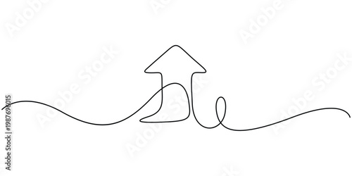 Continuous line drawing of an upward arrow, minimalist monoline rising graph for business growth and financial success concept on white background