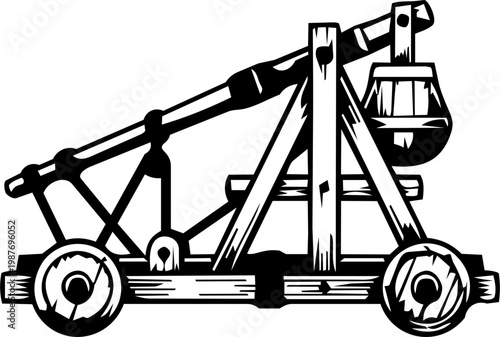 Black and White Catapult Trebuchet Silhouette Illustration