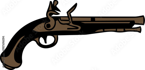 Black and White Antique Flintlock Pistol Silhouette Illustration